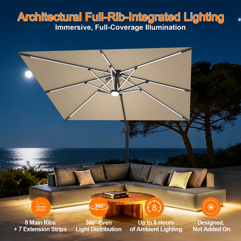 Aegis Premium All-Weather Cantilever Parasol with Solar LED Strip Lights, Fibreglass Ribs & Powder-Coated Aluminium Pole