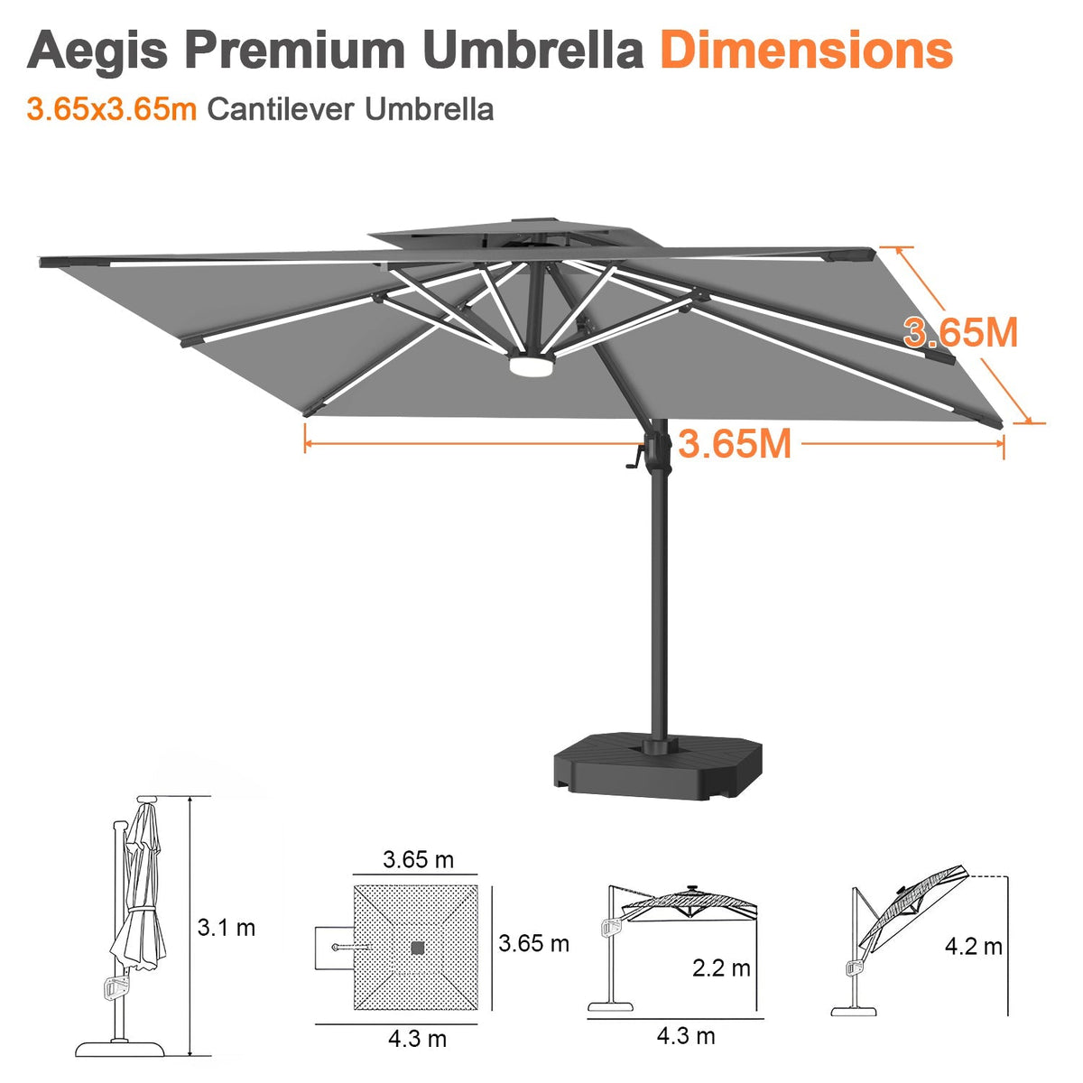 Aegis Premium All-Weather Cantilever Parasol with Solar LED Strip Lights, Fibreglass Ribs & Powder-Coated Aluminium Pole