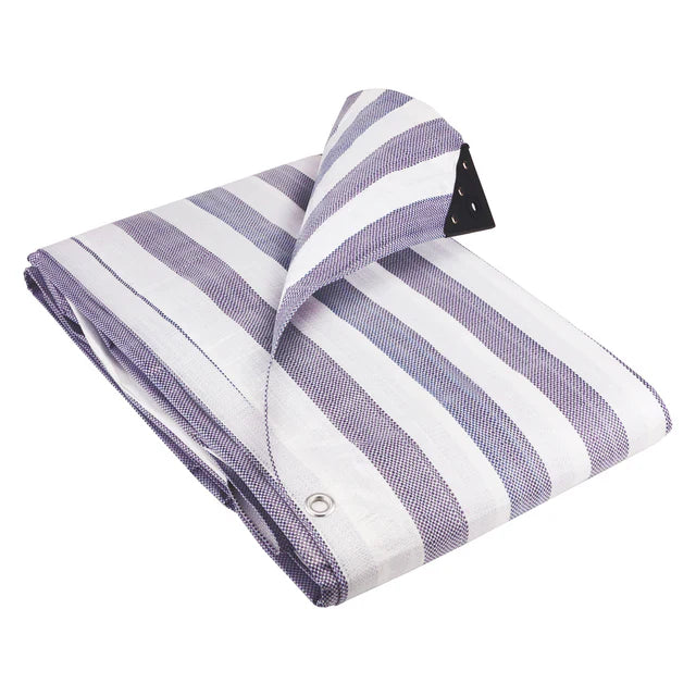 170GSM Striped Waterproof Tarpaulin – Heavy-Duty Market Cover Sheet Blue White