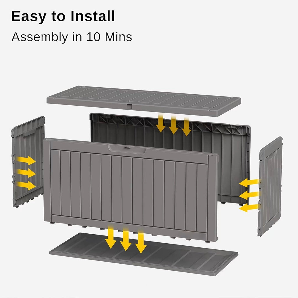 Waterproof Resin Outdoor Storage Box – 60, 90, and 120 Gallon Sizes – Lockable, UV Resistant Deck Storage Bin for Patio Cushions, Gardening Tools, and More – Grey
