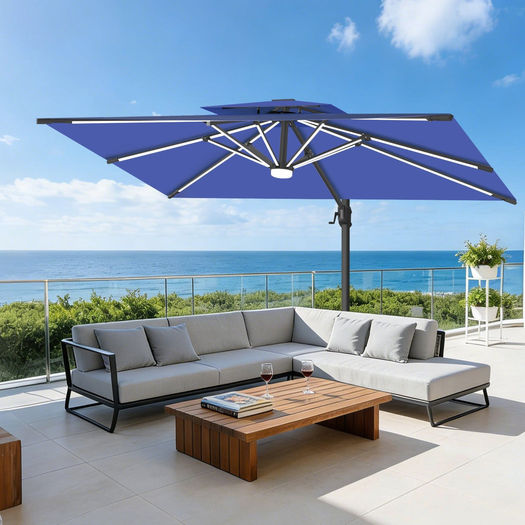 Aegis Premium All-Weather Cantilever Parasol with Solar LED Strip Lights, Fibreglass Ribs & Powder-Coated Aluminium Pole